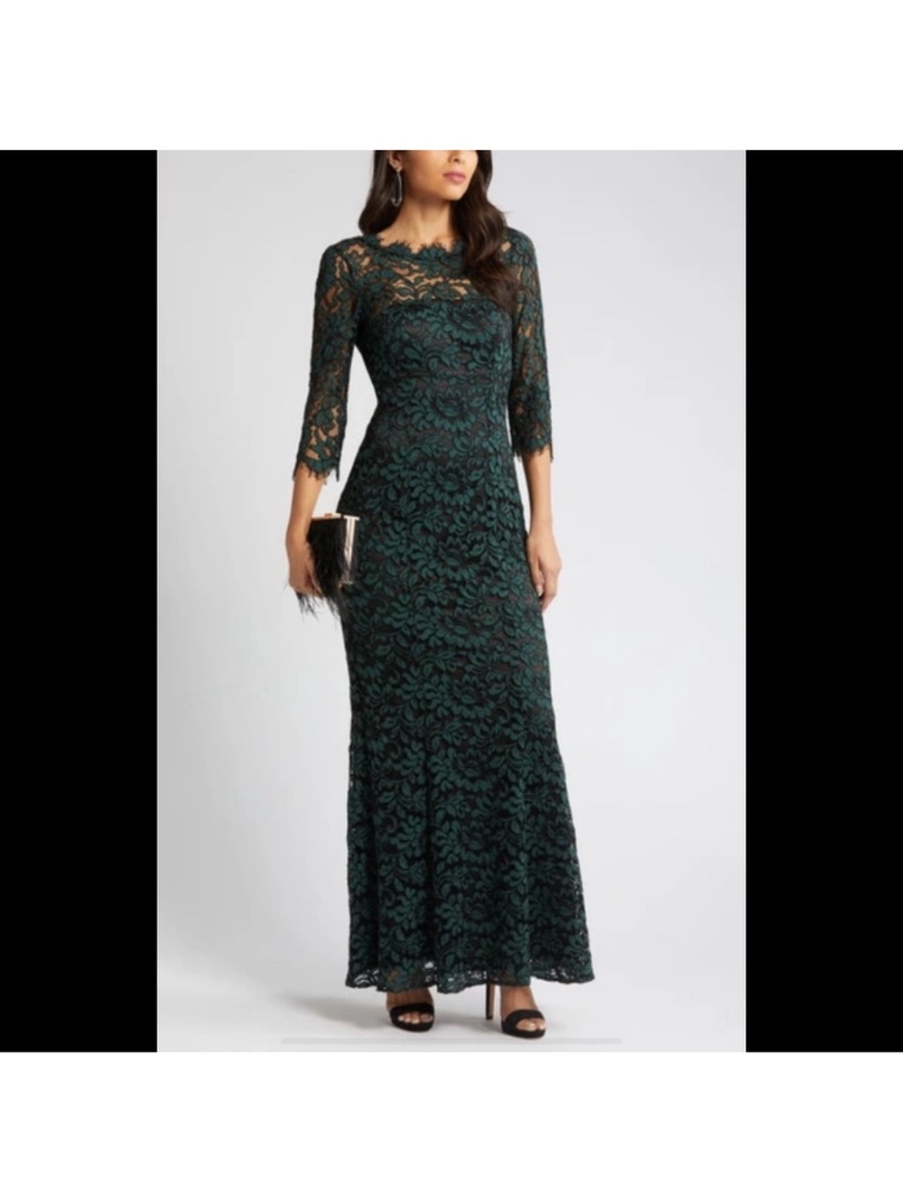 Eliza J Lace Bateau Mermaid Gown In Hunter Green With Black Size 4